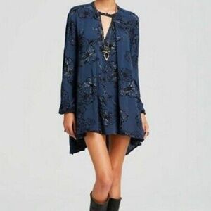 Like New ✵☽Free People☾✵ Navy Blue + Black Floral Swing Tunic Mini Dress | Small